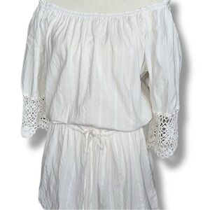 Umgee White Drawstring Waist Boho Dress On/Off Shoulder Crochet Sleeves Sz LRG